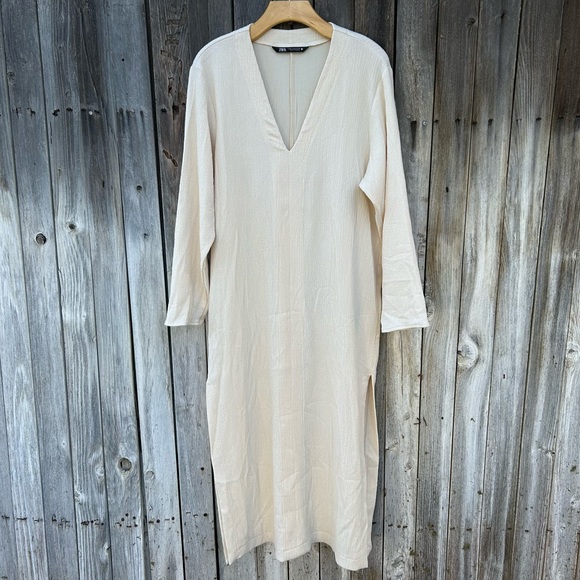 Beige-Cream Cotton V-Neck Kaftan Dress